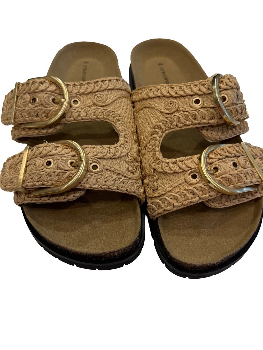 Stradivarius Womens Raffia Sandals Double Gold Adjustable Big Buckle Sz 7.5 NEW